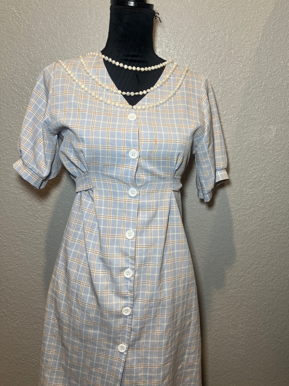 Free style Light Blue & Cream Plaid Midi Dress